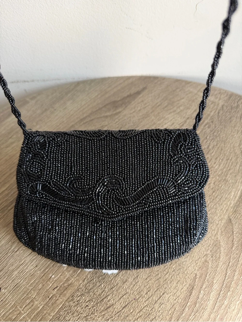 Black Beaded Evening Clutch with Braided Strap